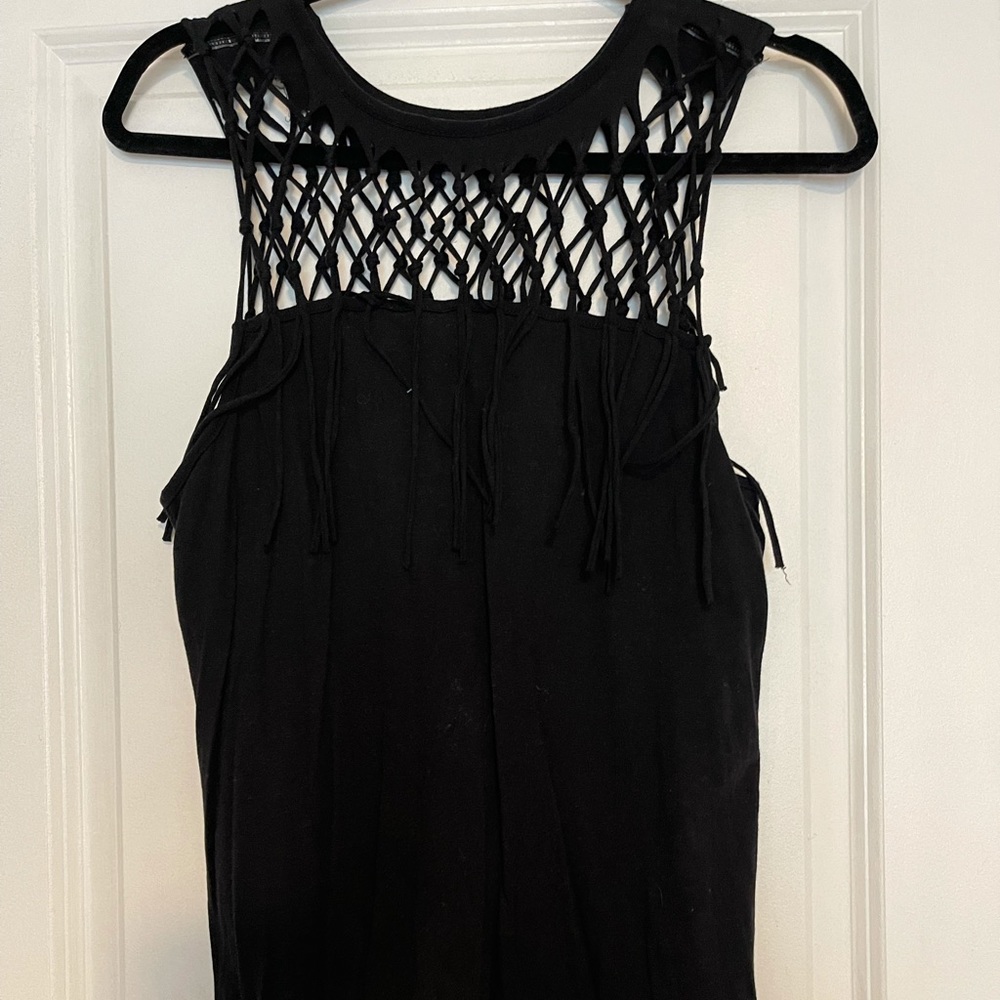 Black Rock Republic Tank top. Open top front and back with fringe.